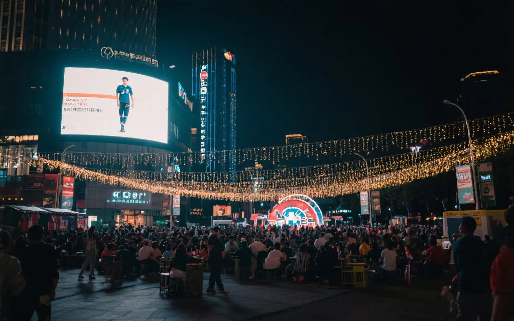 球迷广场与城市公共空间的活动场景，展示赛事带来的夜间经济与城市活力