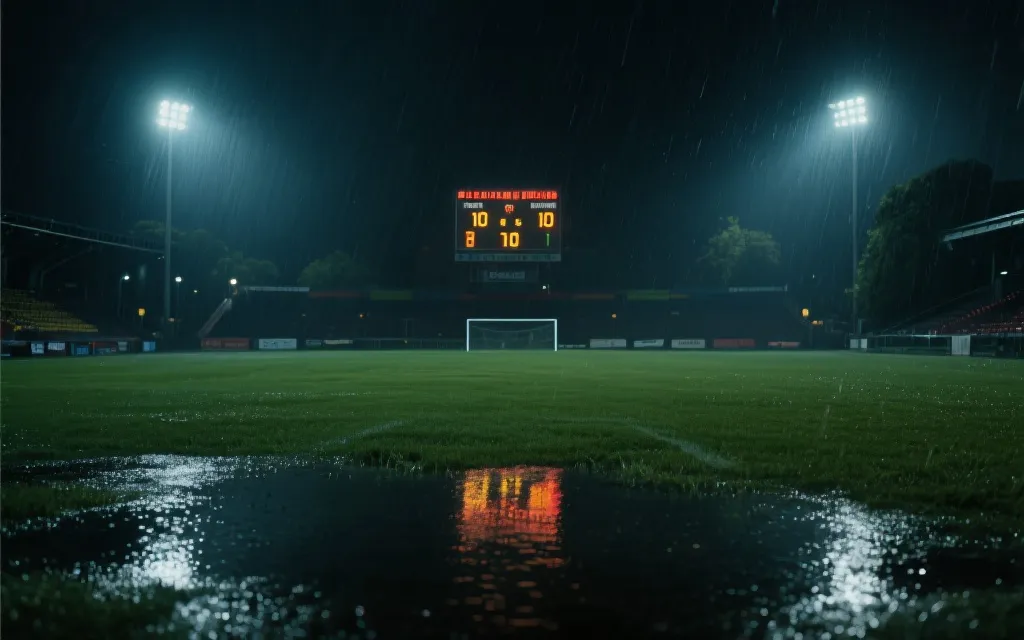 夜间球场与记分牌的电影感画面，用于世界杯比分预测更新的氛围图