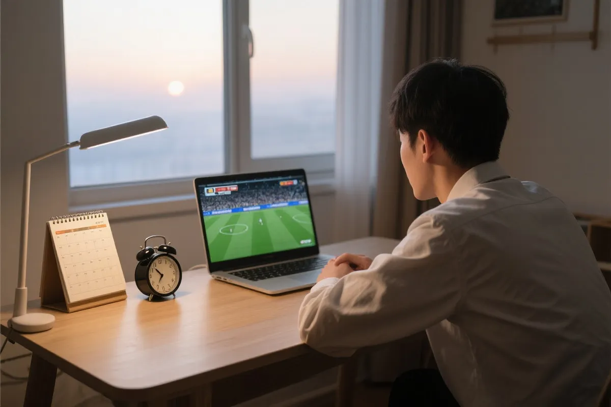 清晨观赛的上班族在桌边规划作息与补觉